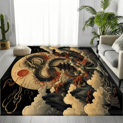 Vintage Black Gold Red Dragon Sun Zodiac Area Rug, Mythical Chinese Style Art Pattern, Soft Durable, Machine Washable Non-Slip Floor Carpet, Unique Stylish Indoor Home Decor for Living Room, Bedroom, Entryway, Office, Gaming Room, Apartment