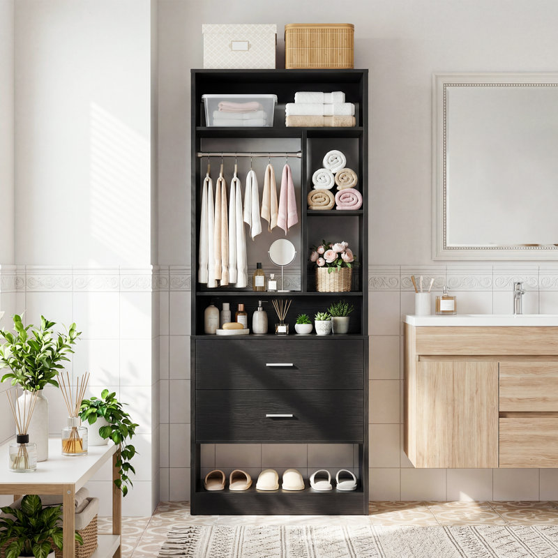 80″ H Bathroom Cabinet With 2 Drawers, Freestanding Bathroom Shelves, Black