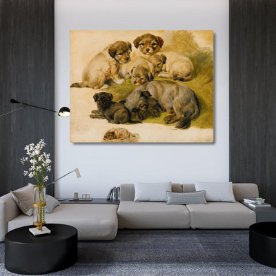 "Study of A Terrier And Puppies" by  Circle Of Sir Edwin Henry Landseer - Gallery Wrap Canvas Wall Art
