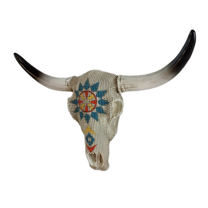 Southwestern Beaded Longhorn Cow Bull Skull with Colorful Geometric Pattern Hanging Wall Décor, White/Blue/Red