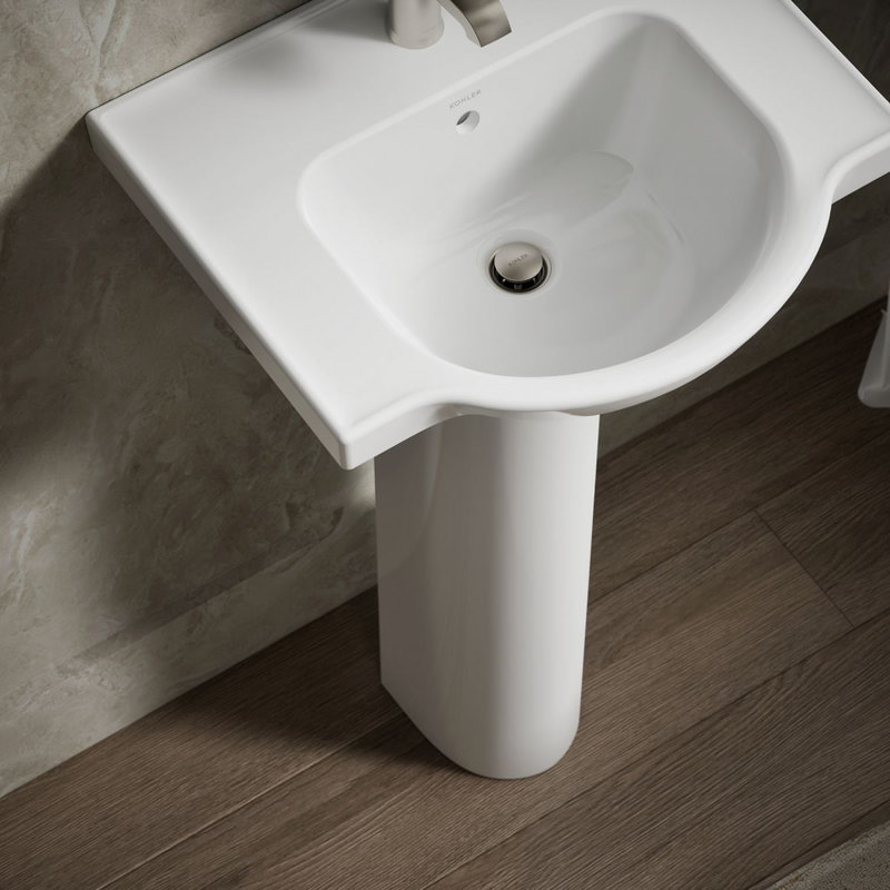 Veer Ceramic Pedestal Bathroom Sink with Overflow, White, Single, 7.99" H x 24" L x 18.25" W
