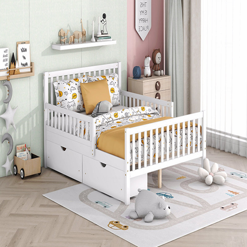 Full Size Wooden Frame Material Platform Bed Frame With Guardrails On Both Sides And Two With Storage Function Drawers,In White Finish