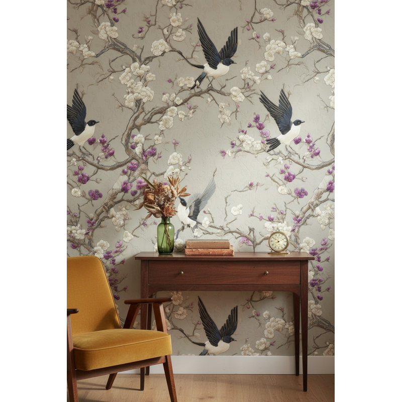 Papier peint floral, oiseaux, décoration murale murale rétro