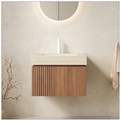 Meuble-lavabo de salle de bain 24 po MURI, armoire de rangement flottante en contreplaqué avec 2 portes, plateau en pierre frittée Roma Travertine et lavabo en céramique avec 1 trou de robinet pré-percé, pré-assemblé, grain de bois de chêne brun