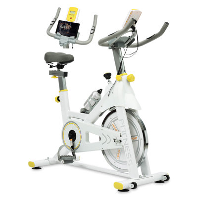 Vélo stationnaire avec siège confortable, jaune et blanc