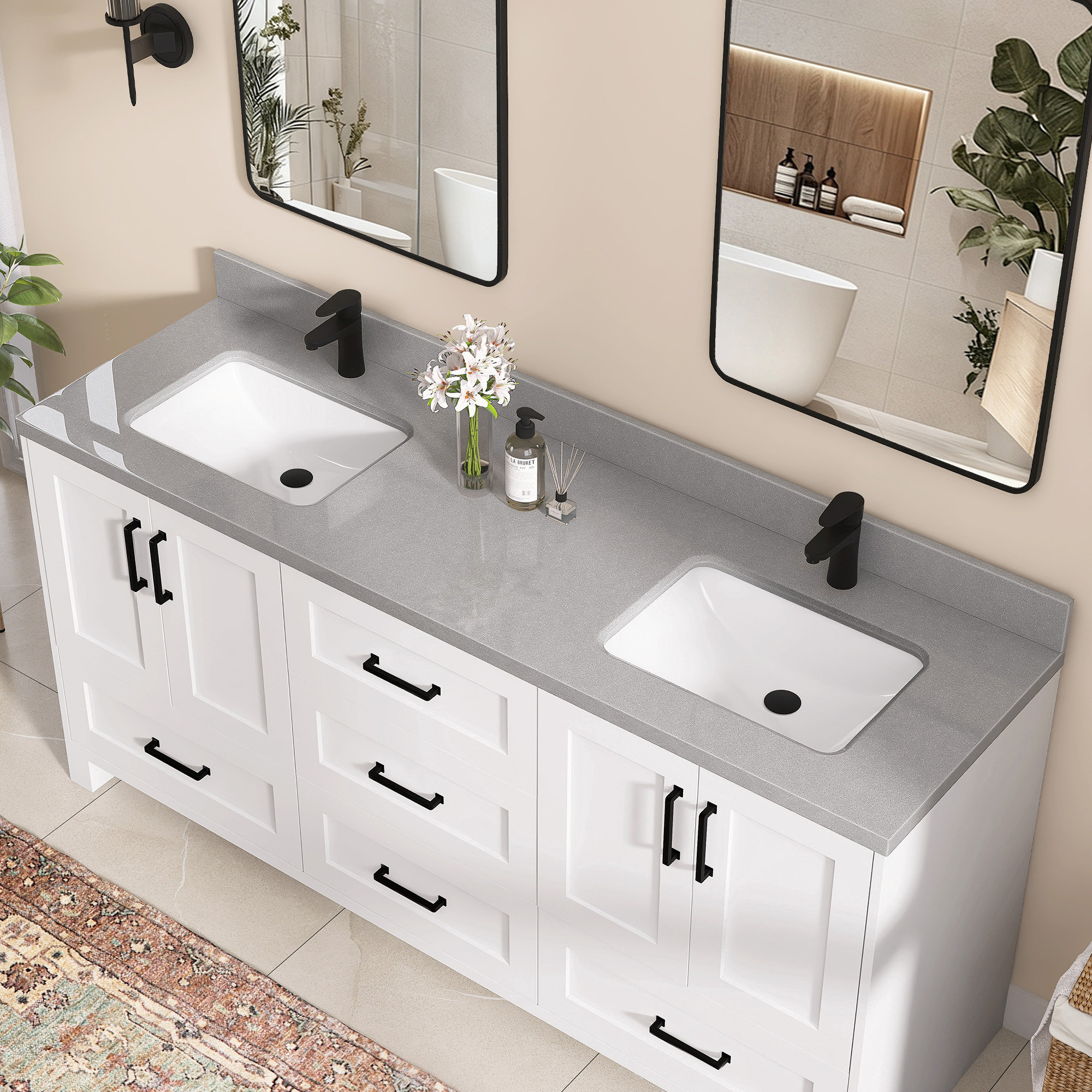ZEAFIVE 72 In. W X 22 In. D Cultured Marble Rectangular Right Double