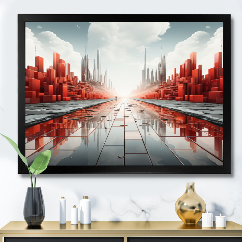 Abstrait paysage urbain futur II sur toile, Cadre simple noir, H 30 po x l 40 po x P 1,5 po