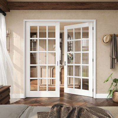 72" X 80" 15-Lite Clear Glass French Door With Black Hinges, Clear Glass Door Slab With Frame, French Interior Door As Pantry Door, Bedroom Door, Laundry Door, Closet Doors, Room Doors, Ball Catch & Door Handle Included