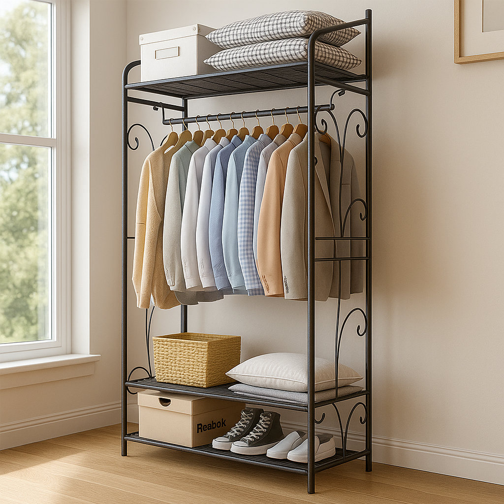 Heavy Duty Large Metal Clothes Rail Open Wardrobe With 2 Storage Shelves