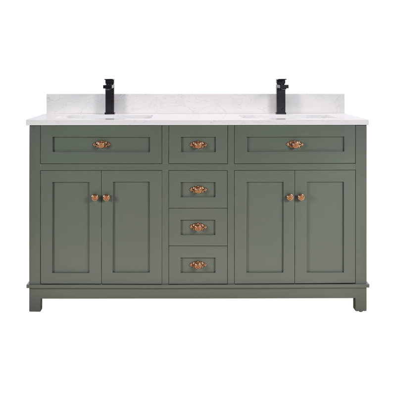 60" Finish Solid Wood Sink Vanity With 1' Artificial Stone Top, Pewter Green, Rose Gold