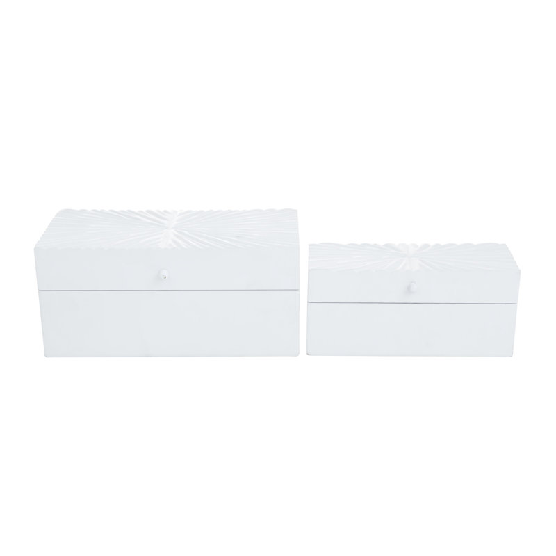 Wood Geometric Decorative Box with Hinged Lid Set, White