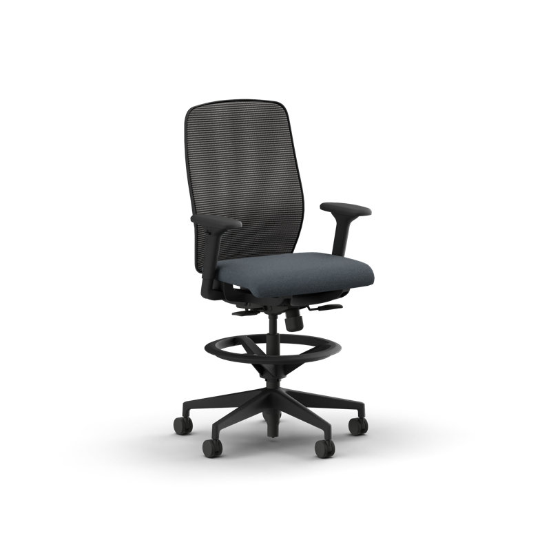 Tabouret de travail HON Nucleus, repose-pieds réglable, filet noir, tissu foncé, structure noire, OBSCURITÉ, Noir