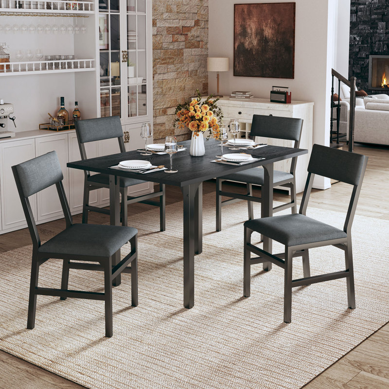Foldable 5-Piece Dining Table Set Extendable Wood Top, Black
