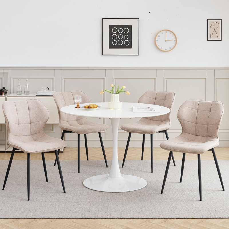 Modern Linen Fabric Dining Chair, Upholstered Side Chair with Metal Legs, Kitchen Accent Chair, Beige