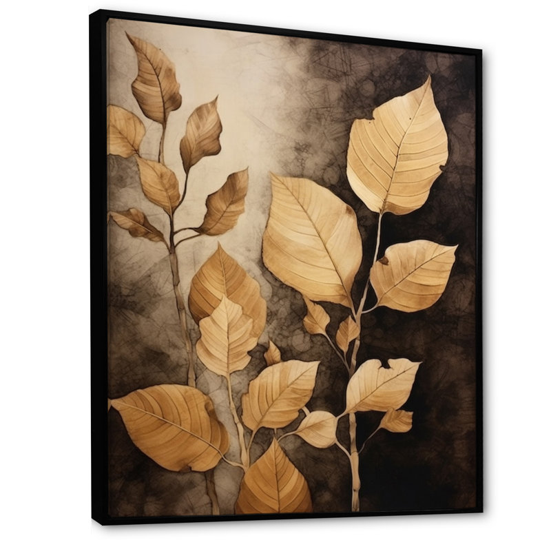 " Brown Beige Leafs Harmony VI ", Black Floater Framed, 32" H x 16" W x 1" D