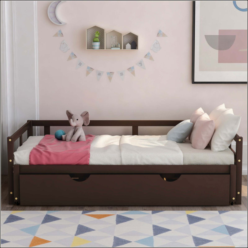 Lit de jour extensible avec couchette, lit de jour en bois avec couchette, Espresso