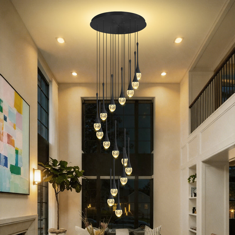 Black 16-Light LED Teardrop Chandelier 128" Long Spiral Stair Chandelier LED 3000-6000K Dimmable