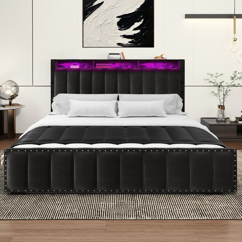  Velvet Upholstered Platform Bed With 4 Storage Drawers, LED Headboard Bed With Charging Station, Queen