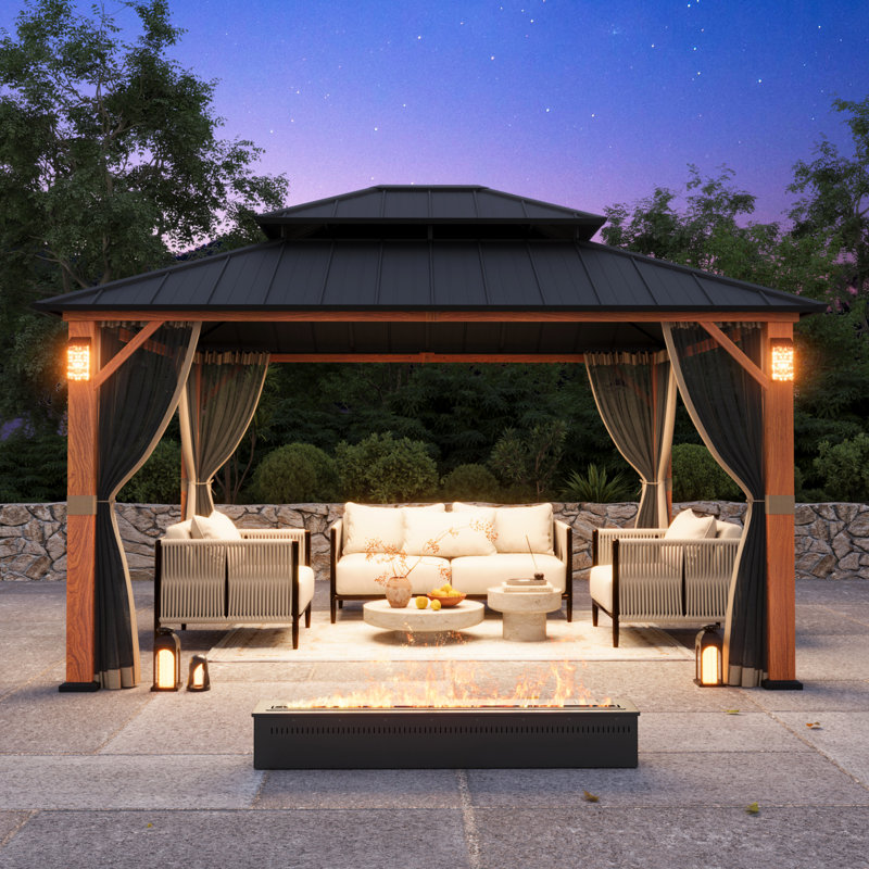 Pavillon de jardin à toit rigide 12 pi x 14 pi Hamilton avec lumières solaires auto-alimentées, moustiquaire et crochet pour auvent