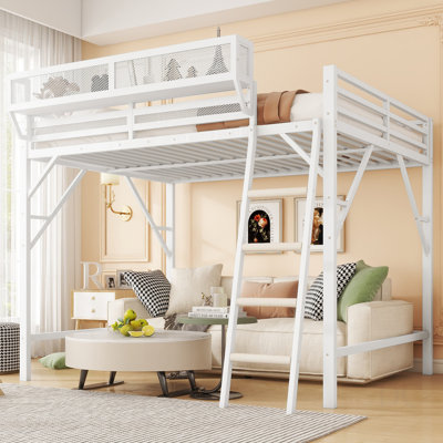 Lit mezzanine double avec échelle, lit mezzanine double en métal avec tablettes de rangement, lit mezzanine pour enfants