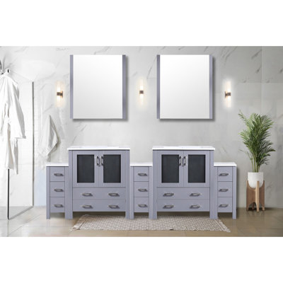 Double Bath Vanity In Dark Grey, 96 In. Width, 18.25 Depth, White Ceramic Top, Mirrors, And Easy - To Use Soft Close Of W X D, Silent