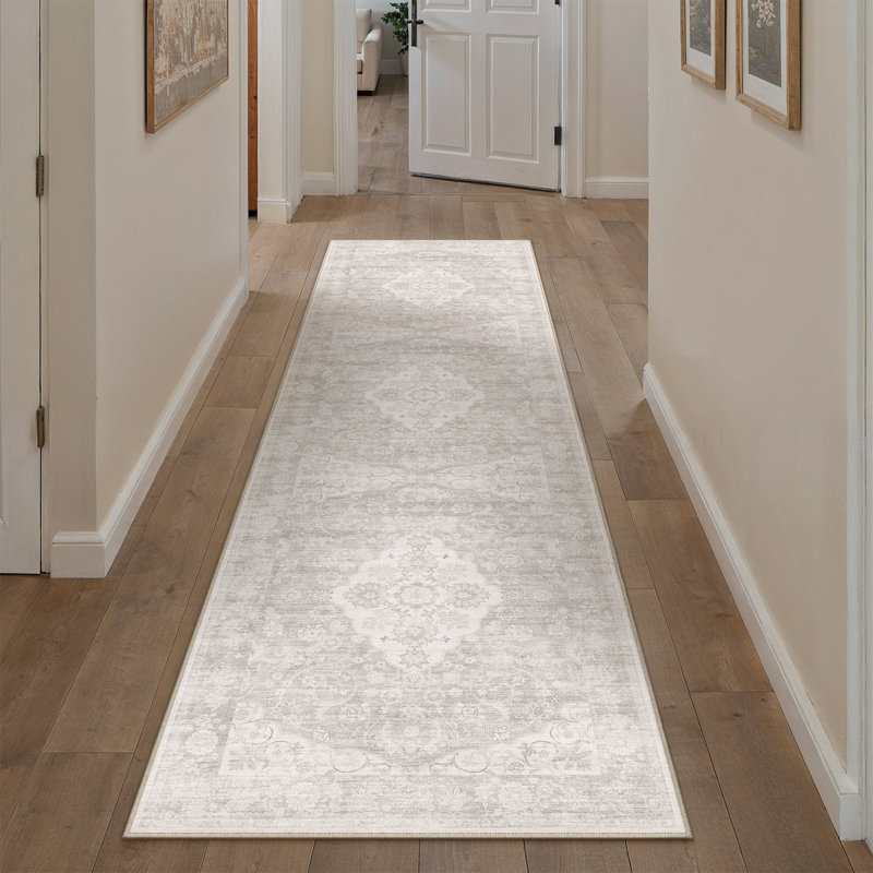 Vintage Medallion Machine Washable Area Rug With Non-Slip Backing, Runner 2' x 8', Beige