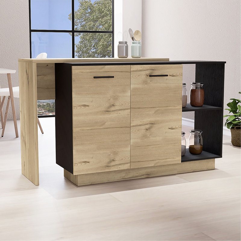 Îlot de cuisine, armoires à deux portes, deux tablettes extérieures, trois tablettes