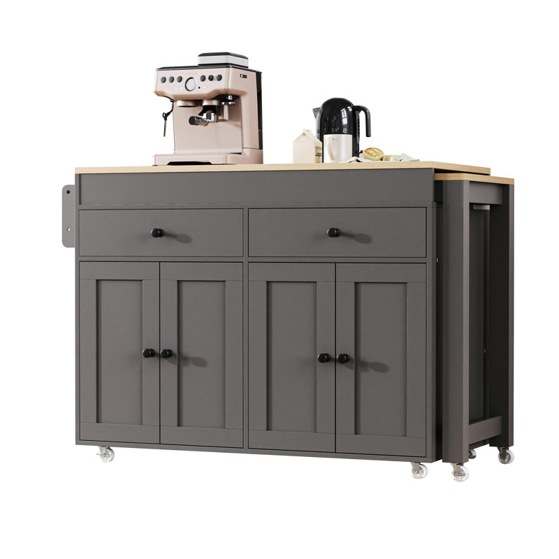 Îlot de cuisine avec table de salle à manger extensible, îlot de cuisine sur roulettes avec support à épices et 2 tiroirs