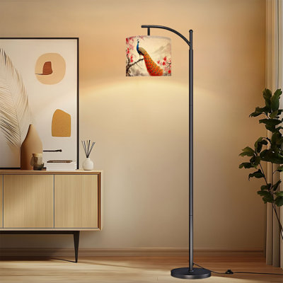 Lampe sur pied à arc avec abat-jour réglable Peacock Tail Flowing Cherry Blossom Branch Lampe sur pied asiatique traditionnelle
