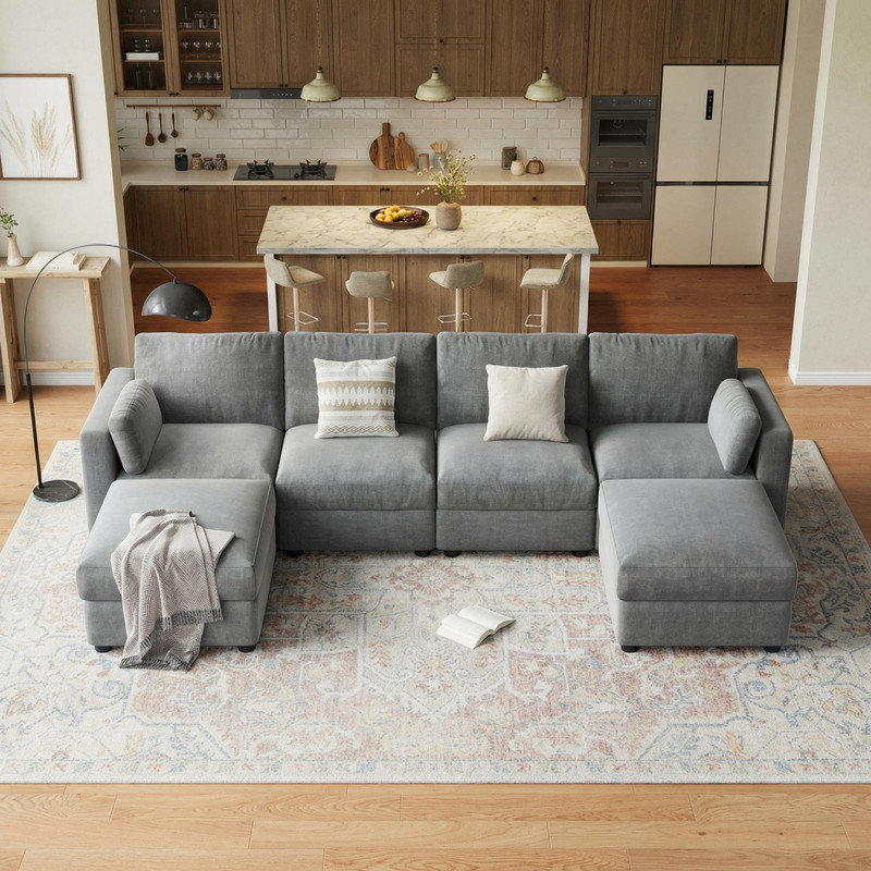 Canapé modulaire en forme de L gris, 6 sièges avec repose-pieds, coussins profonds, canapé reconfigurable pour le salon, Gris