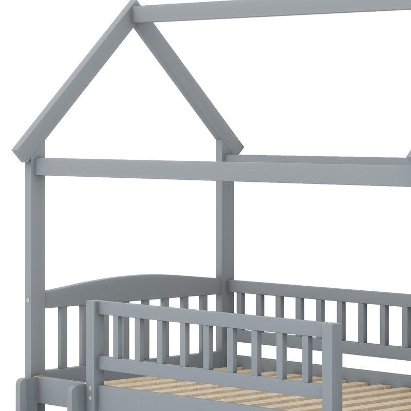 Lit superposé de style maison avec glissade et escalier de rangement, Gris