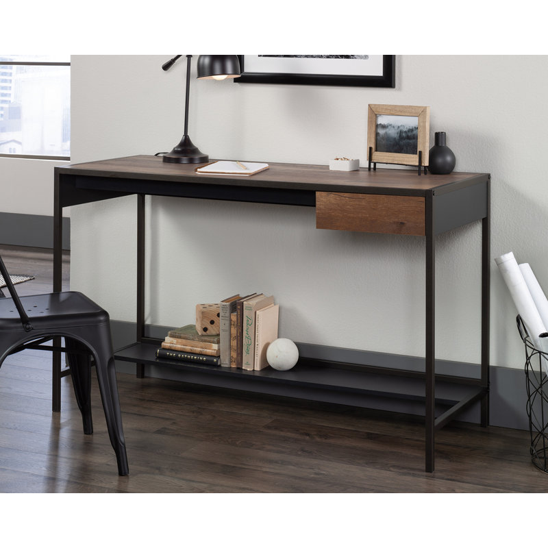 Black and Oak Wood Writing Desk with Drawer and Shelf