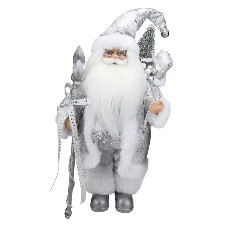 Figurine de Noël 12 "blanche et argentée avec bâton et cadeau