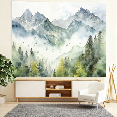 Tapisserie Misty Mountain Forest, paysage naturel suspendu pour chambre à coucher, salon, dortoir