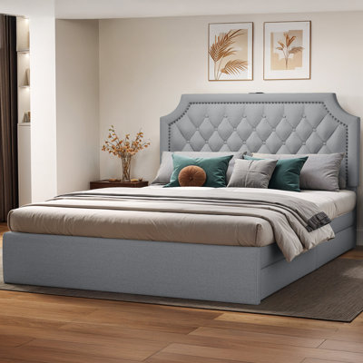 Tufted Upholstered Storage Bed With 4 Underbed Drawers & Charging Ports by House of Hampton