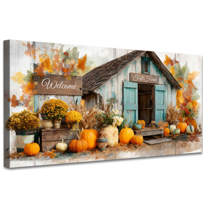 Autumn Wall Art - Fall Pictures Wall Decor Rustic Style, Pumpkin Artwork Thanksgiving Art Paintings for Living Room Fall Farmhouse Wall Decor Frame Wrapped Canvas Prints, 12×24 inches