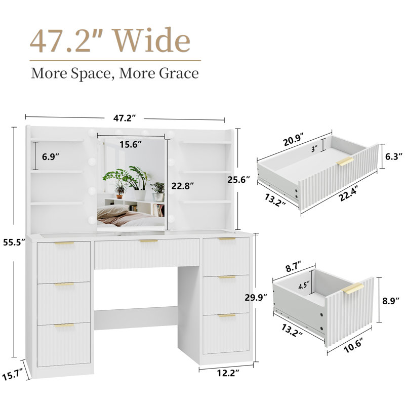 47" Fluted Vanity Desk with Adjustable LED Lights & Charging Station, 7 Drawers Makeup Table with Tempered Glass Top, 8 Open Shelves, Hair Dryer Holder for Bedroom, White