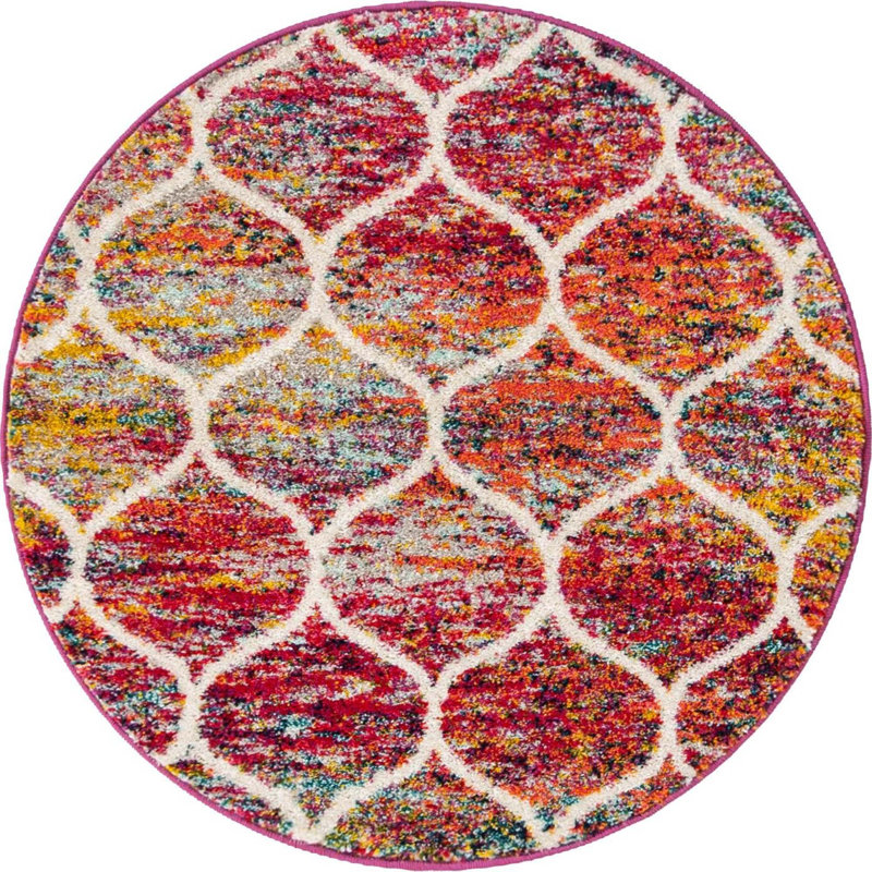 Llanet Geometric Area Rug, Round 3'1", Multi Red