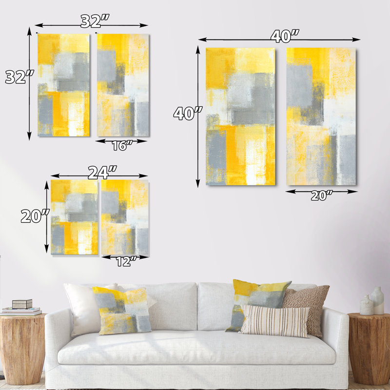«Gray Meets Yellow Abstract Art», ensemble de 2 peintures sur toile, H 32 po x l 32 po x P 1 po, Toile tendue
