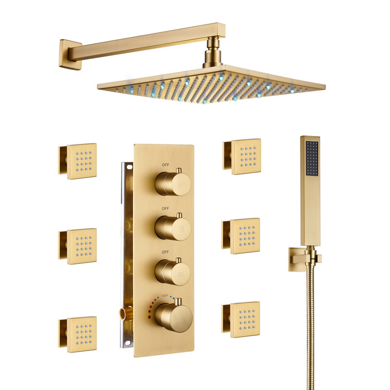 Système de douche thermostatique à 3 fonctions avec 6 jets de corps et valve brute, Noir mat