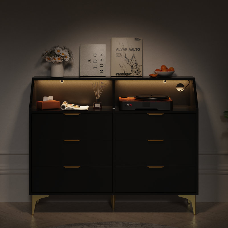 6 Drawer Dresser With Led Light, Chest Of Drawers With Charging Station, Wooden Dressers For Bedroom, Living Room, Entryway, Hallway