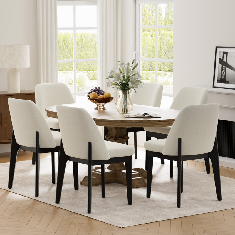 Chaise de salle à manger rembourrée en polyester 19,5 po Bason avec pieds en bois massif noir (ensemble de 6), Ivoire ivoire