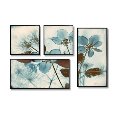 Fleurs botaniques rétro en V rétro bleu délavé - impressions botaniques abstraites sur toile 4 pièces