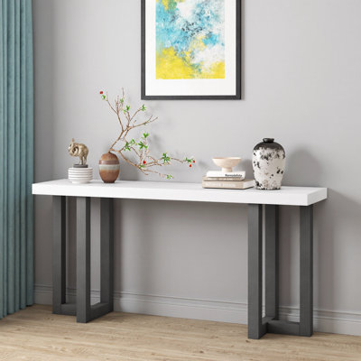 63-inch Geometric Console Table with Solid Pine Legs - Dark Gray or Light Gray, American Traditional Entryway Sofa Table for Hallway, Living Room & Be by Ophelia & Co.