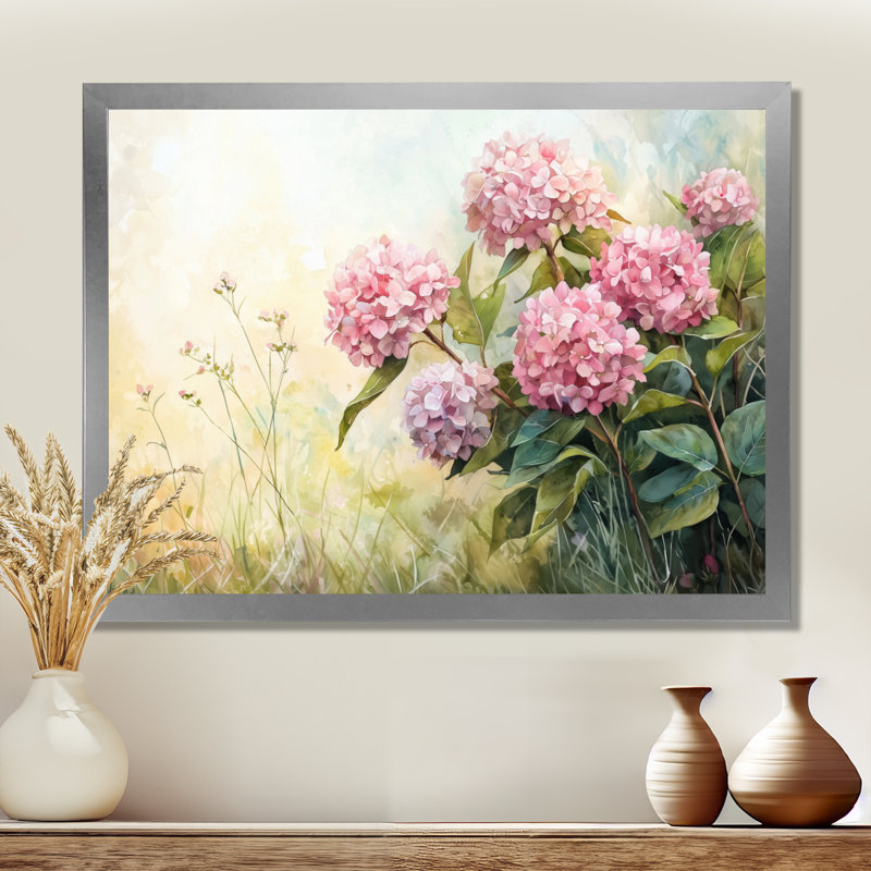 Hortensias dans un pré d'été II - Hortensia décoration murale, Reproduction encadrée d'une seule photo, Argent argent