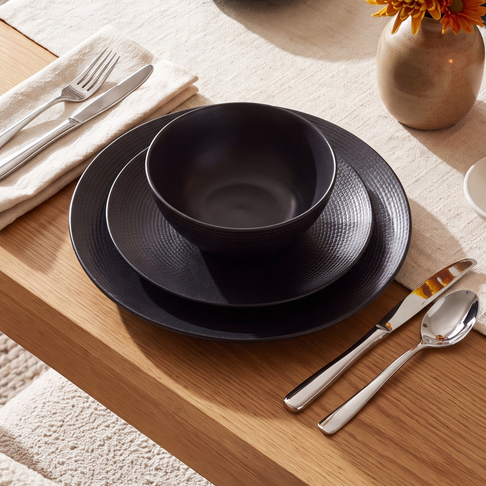 Lx Collective Black LX Collective Porcelain Dinnerware Set - Service for 4, Black