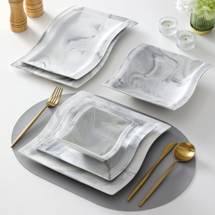 MALACASA Flora, Marble Grey Dinnerware Set 16-Piece Porcelain Bowl and Plate  Set