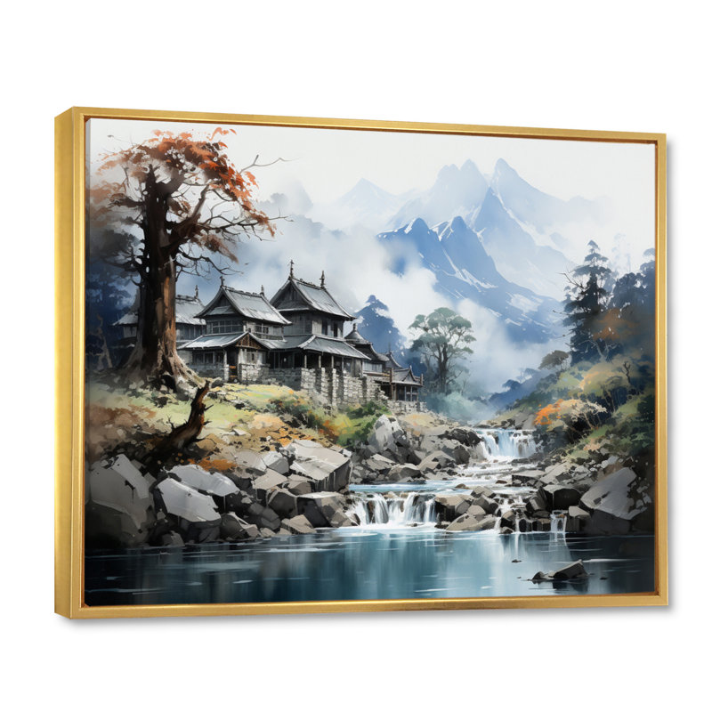 Bernest China Art Misty Mountain sur toile, H 12 po x l 20 po x P 1 po, Cadre flottant doré