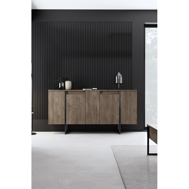 Console moderne avec pieds en métal, finition noyer et noire, 63,0 po x 13,8 po x 31,5 po | 100% panneau de particules enduit de mélamine, épaisseur: 0,7 pouce | Élégant et fonctionnel pour le salon ou le vestibule, conception durable