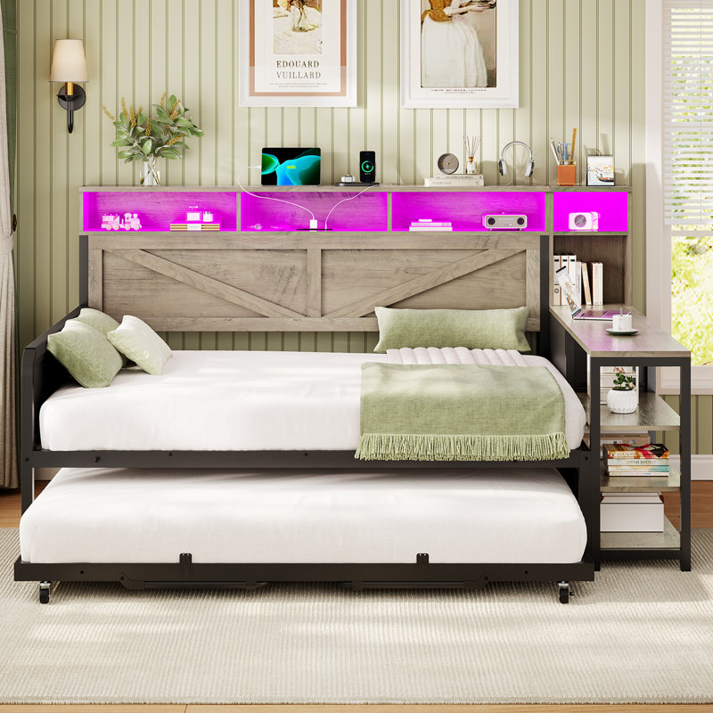 Lit de jour avec couchette escamotable, cadre de lit de jour pleine grandeur en bois de ferme avec 3 tiroirs de rangement et tablettes, lit de jour complet avec station de charge et lumières DEL pour la chambre à coucher, la chambre d'amis